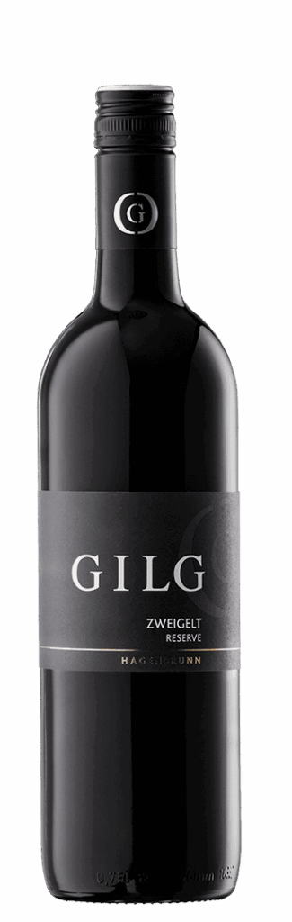 Eine dunkle Glasflasche GILG Zweigelt Reserve mit schwarzem Etikett und silbernem Text, gekrönt von einem versiegelten schwarzen Deckel mit silbernem G-Logo.