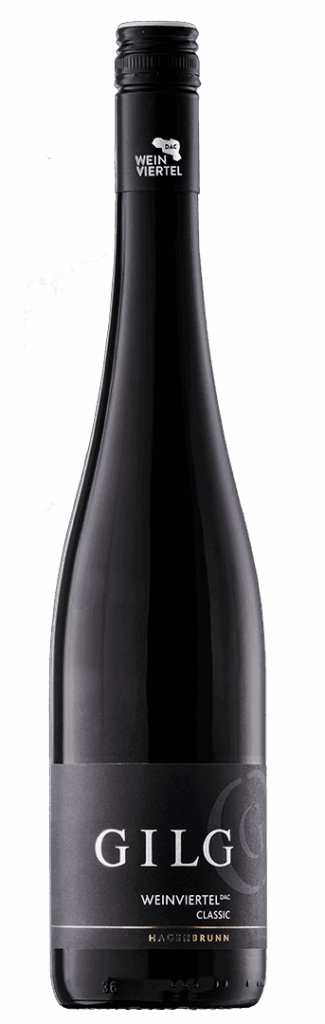 Eine dunkle Glasflasche GILG Weinviertel DAC Classic mit schwarzem Etikett und silbernem Text, gekrönt von einem versiegelten schwarzen Deckel mit silbernem G-Logo.